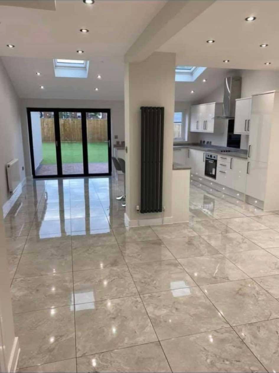 Finished open plan kitchen and hallway